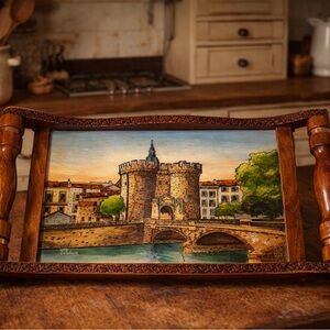 Vintage BOLI Wood Carved French Pyro Art Serving Tray Verdun France.